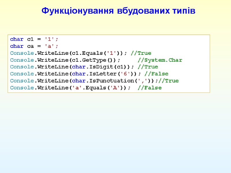 char c1 = '1'; char ca = 'a'; Console.WriteLine(c1.Equals('1')); //True Console.WriteLine(c1.GetType());   